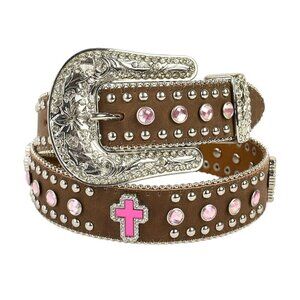 Nocona Brown Rhinestone Studded Crystal Cross Western Leather Belt Size 26